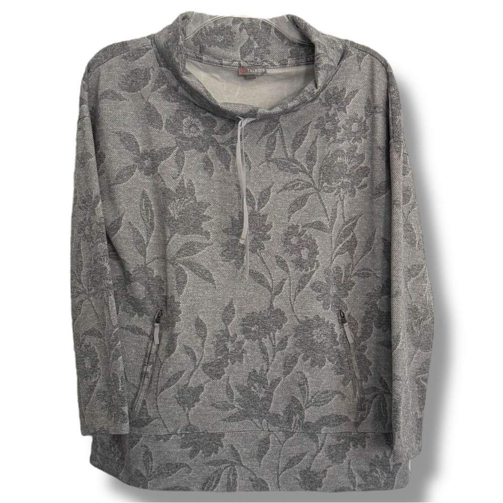 T by Talbots Medium Grey Floral Cowl Neck Sweatshirt Stretchy Polyester/Spandex